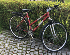 ein rotes Fahrrad, das auf einem Steinweg geparkt ist